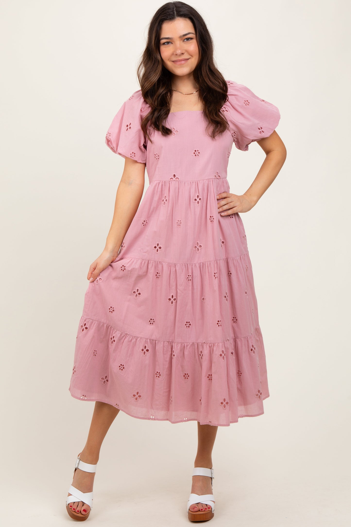Pink Eyelet Square Neck Midi Dress