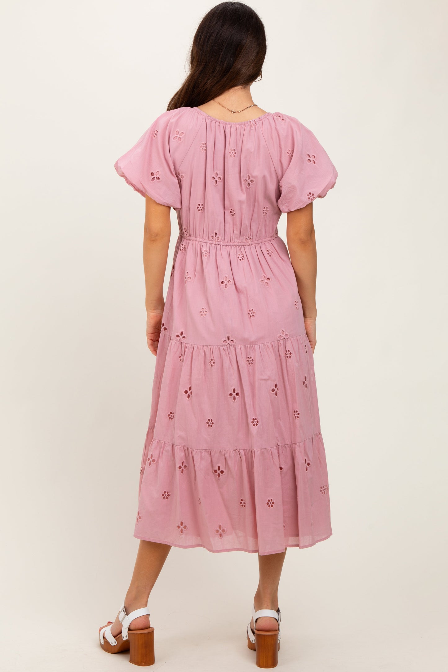 Pink Eyelet Square Neck Midi Dress