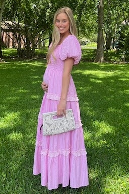 Pink Smocked Ruffle Tiered Puff Sleeve Maternity Maxi Dress