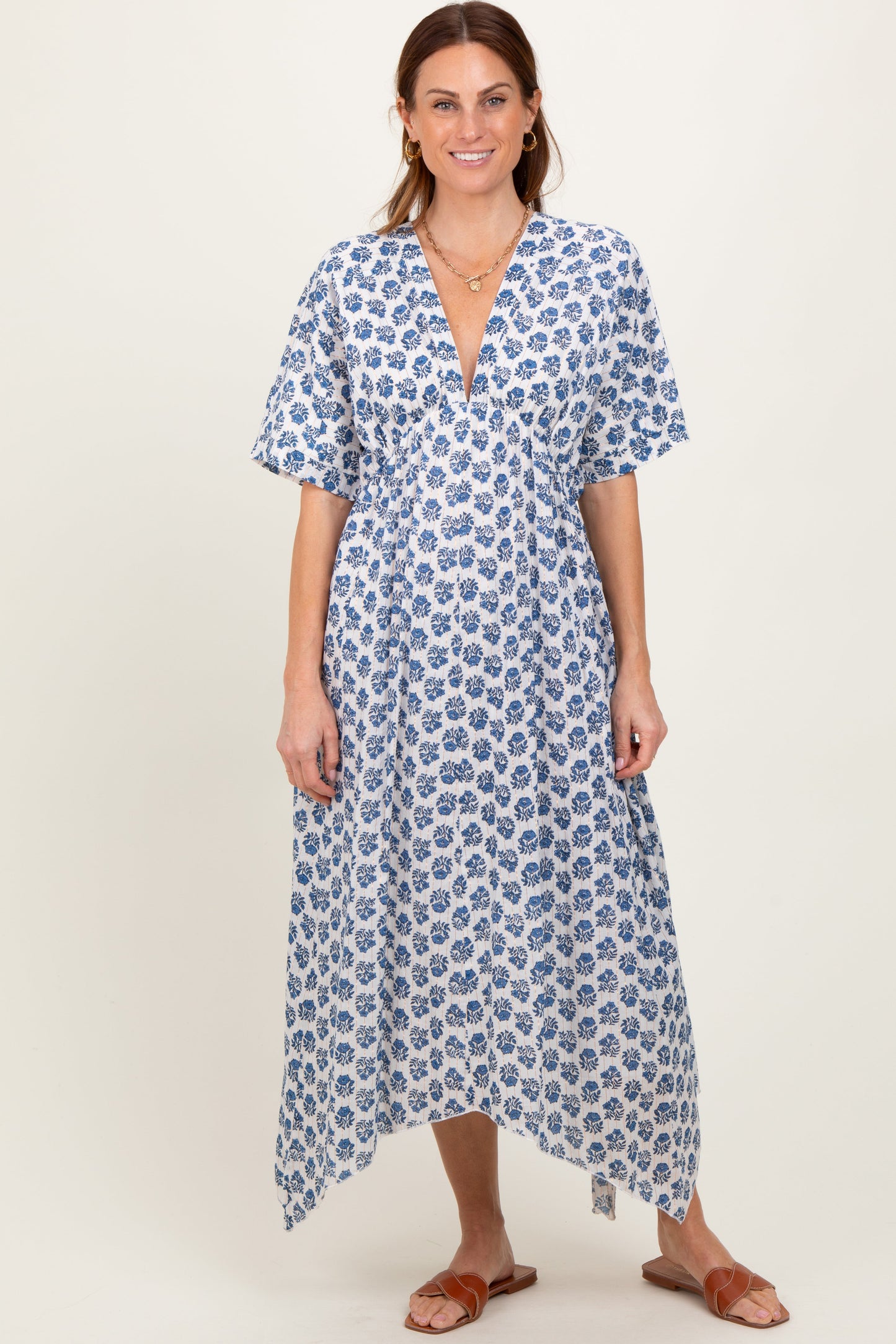 Navy Floral Deep V-Neck Handkerchief Hem Maxi Dress