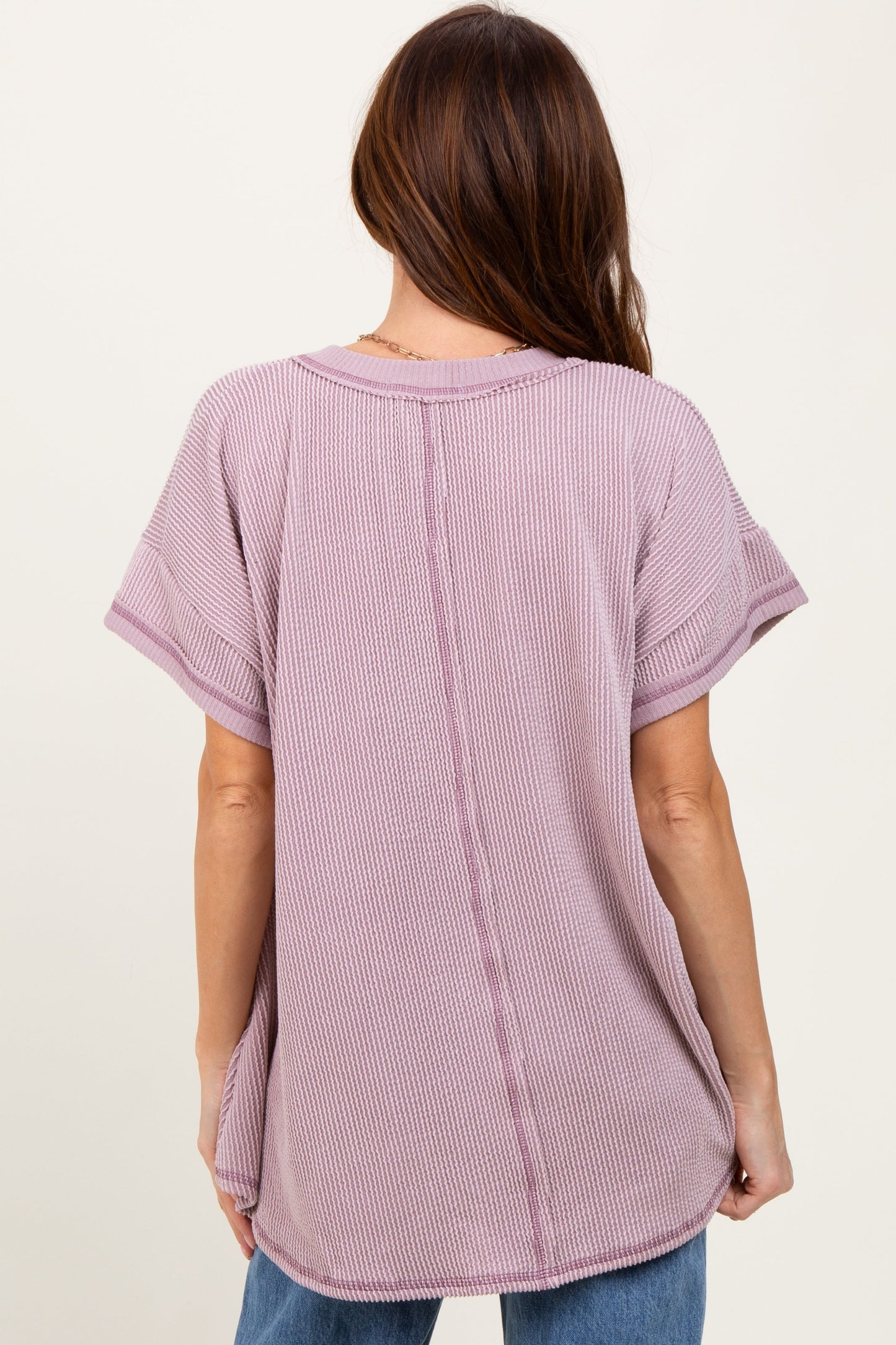 Mauve Striped Ribbed V-Neck Oversized Short Sleeve Top