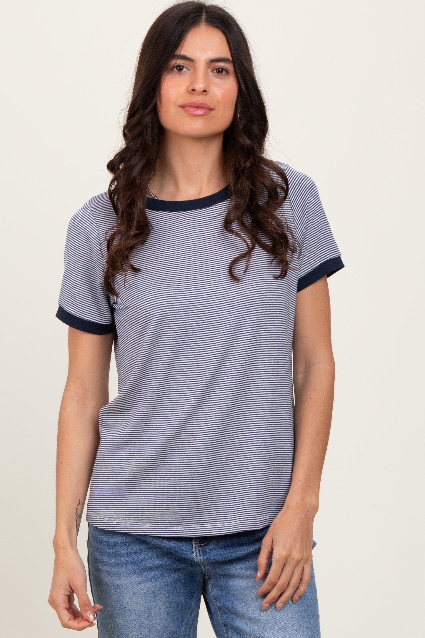 Navy Pinstripe Contrast Trim Maternity Tee