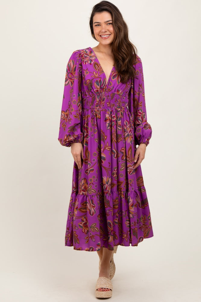 Plum Floral Smocked Waist Long Sleeve Maternity Midi Dress