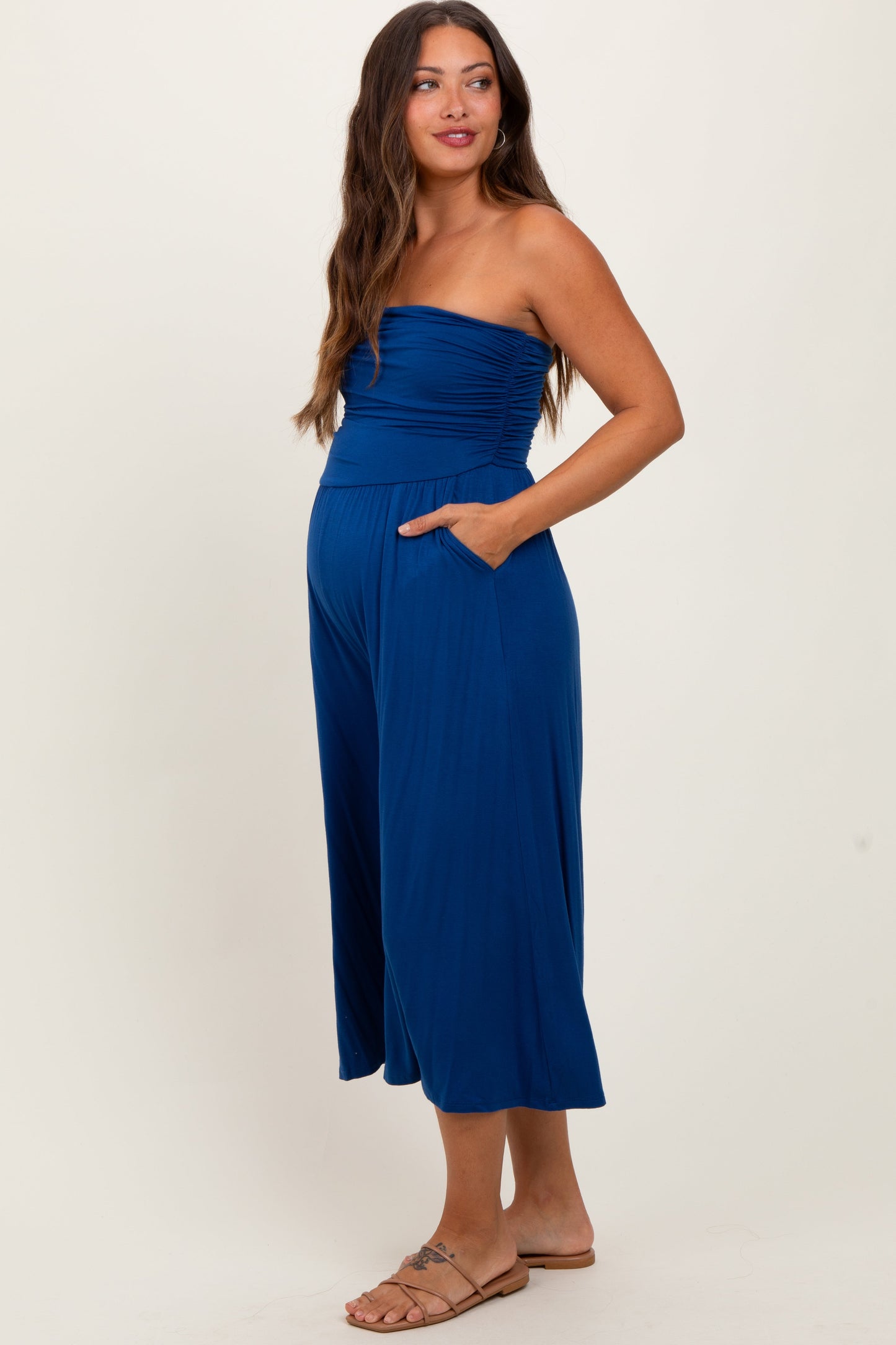 Navy Double Layered Strapless Tube Top Maternity Jumpsuit