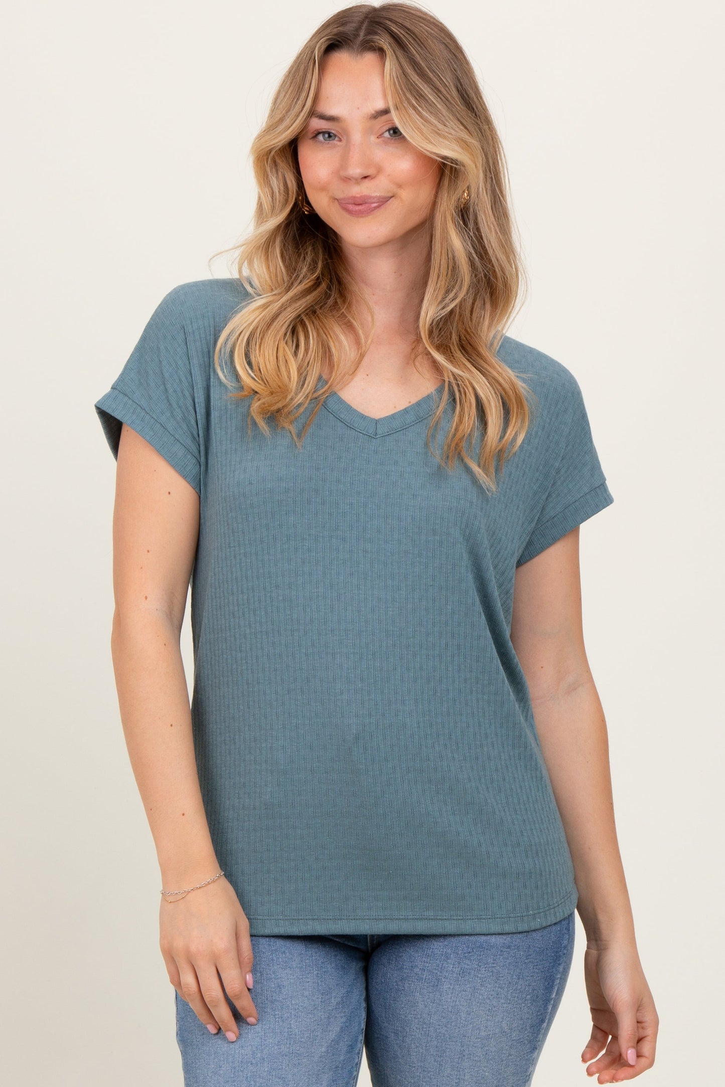 Blue V-Neck Pointelle Knit Maternity Top