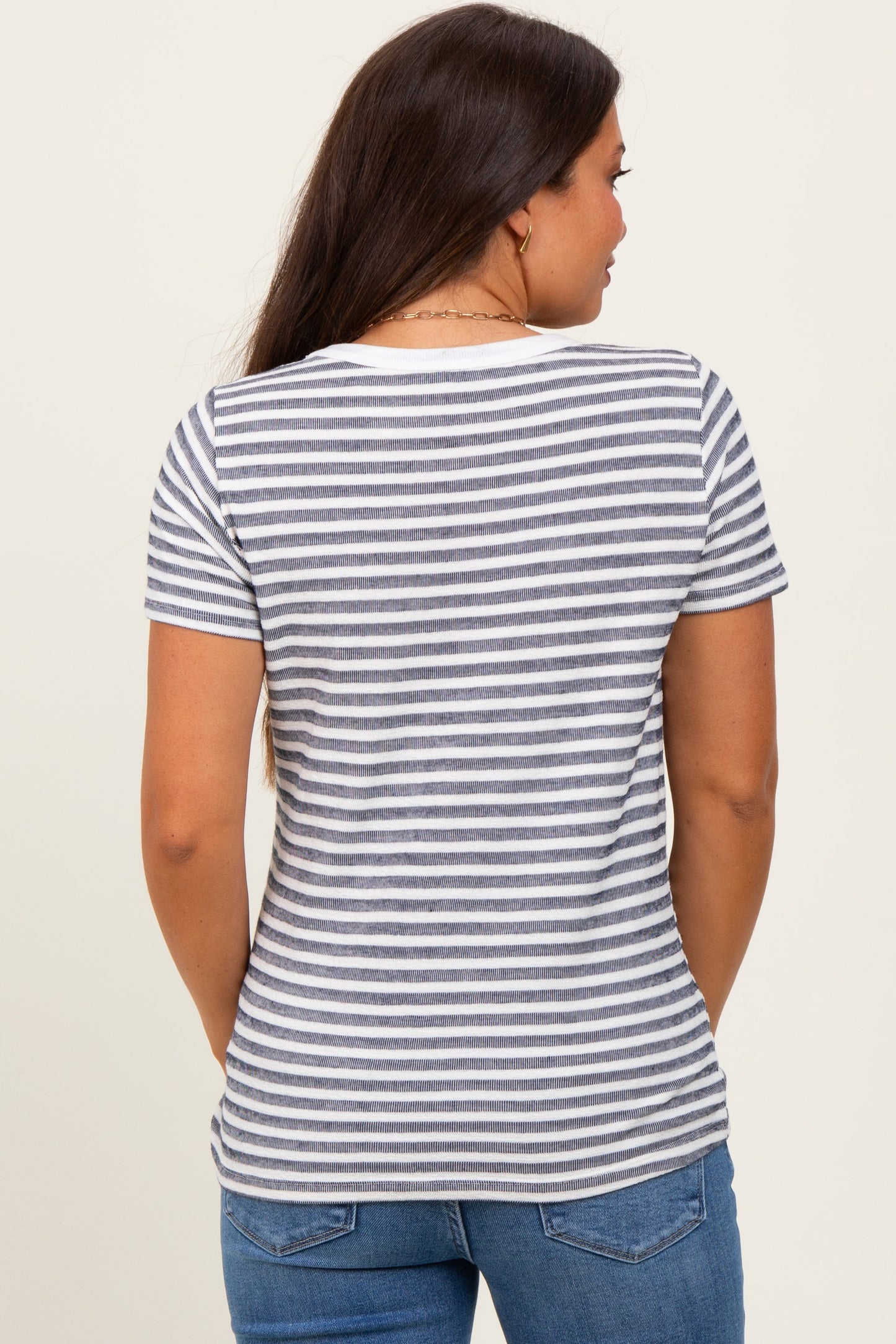 Navy Textured Stripe Short Sleeve Maternity Top