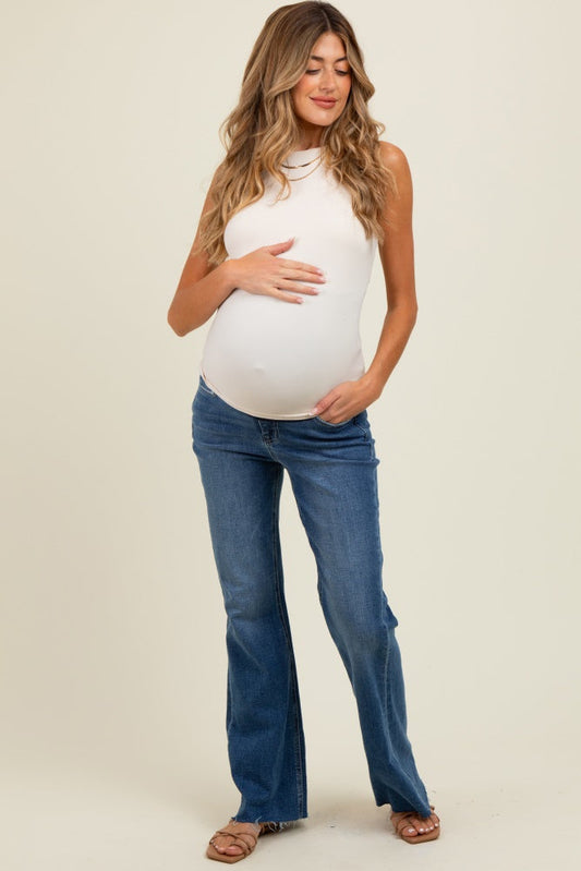 Blue Raw Hem Maternity Flare Leg Jeans