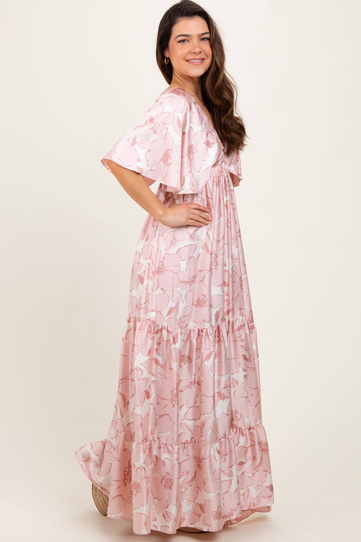 Pink Floral Short Sleep Deep V-Neck Tiered Maxi Dress