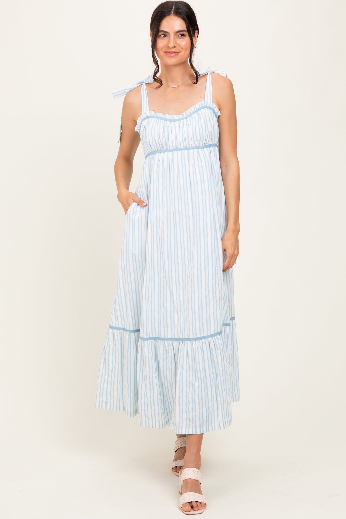 Ivory Striped Bow-Tie Maternity Maxi Dress