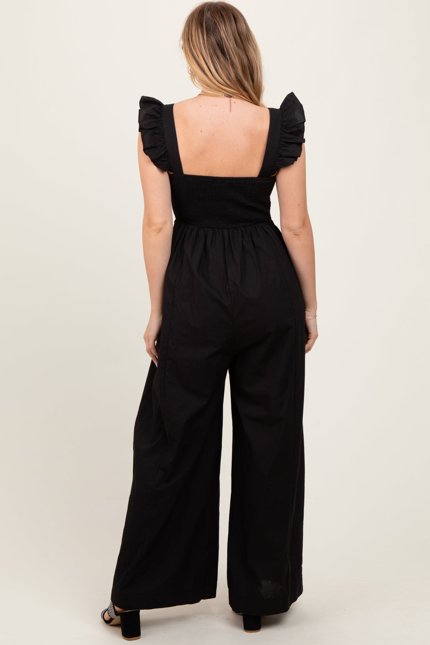 Black Ruffle Strap Smocked Wide Leg Jumpsuit