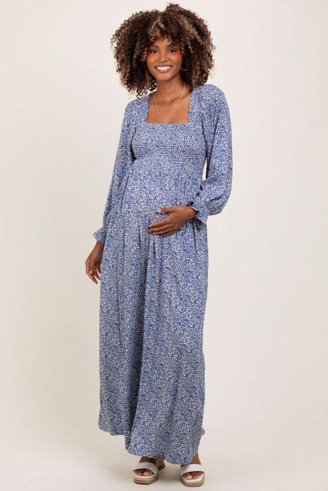 Blue Floral Long Sleeve Wide Leg Maternity Jumpsuit