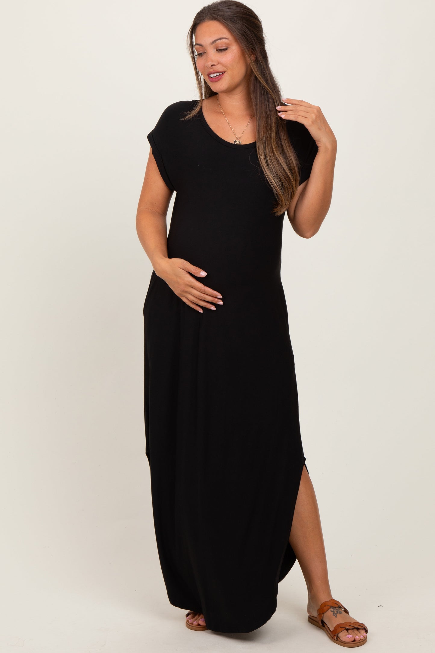 Black Round Hem Side Slit Maternity Maxi Dress