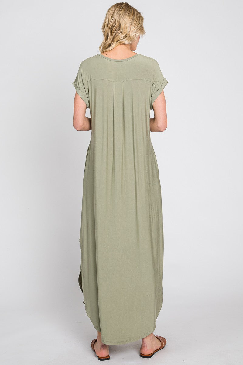Light Olive Round Hem Side Slit Maxi Dress