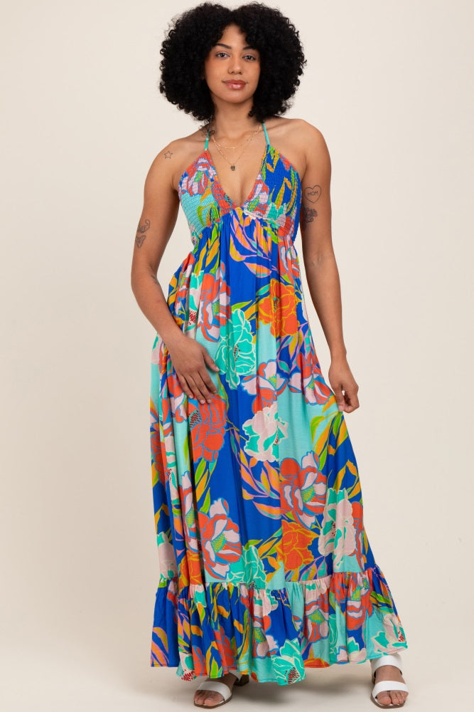 Royal Blue Floral Halter Cutout Tie Back Maxi Dress