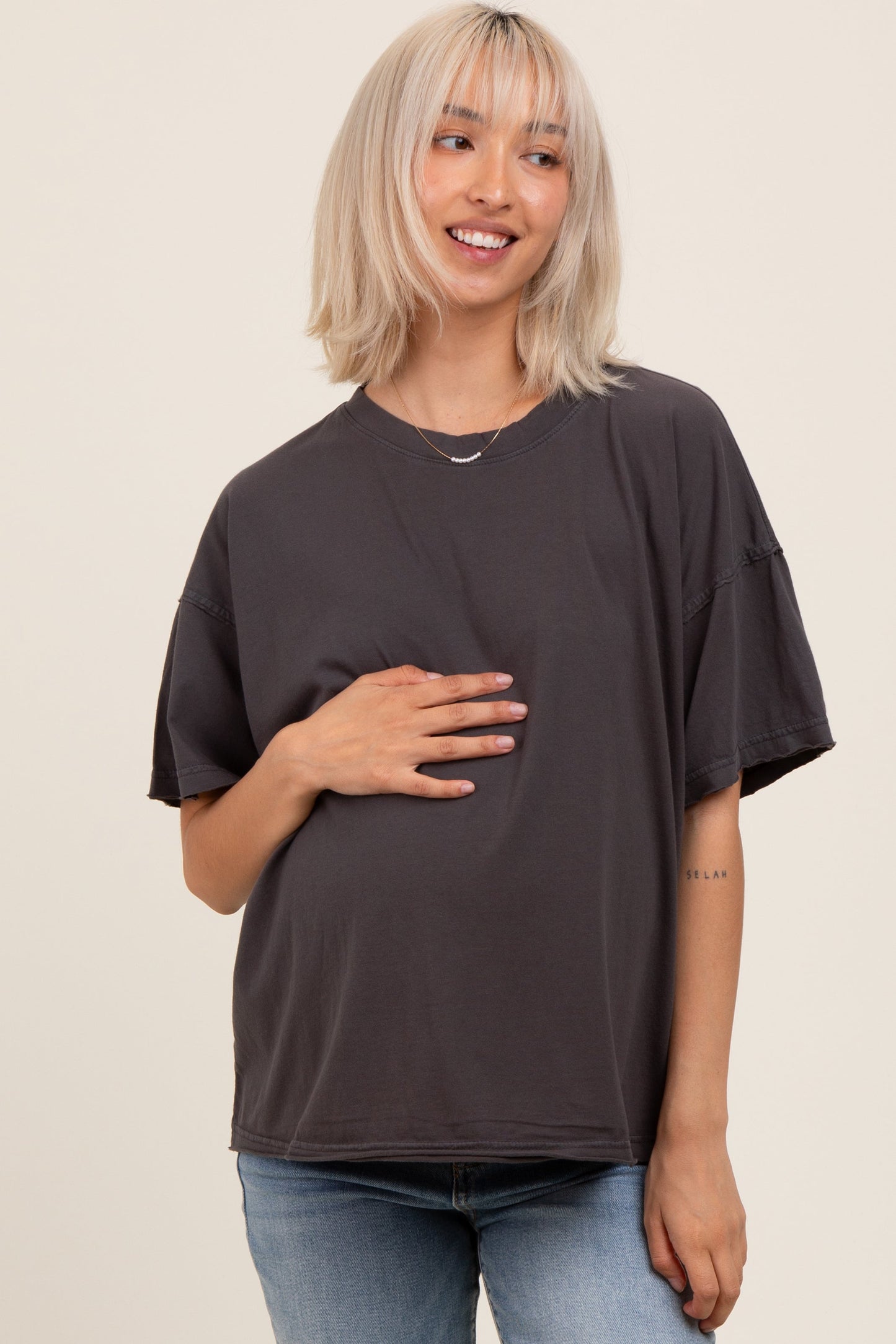 Black Boxy Raw Edge Maternity Short Sleeve Tee