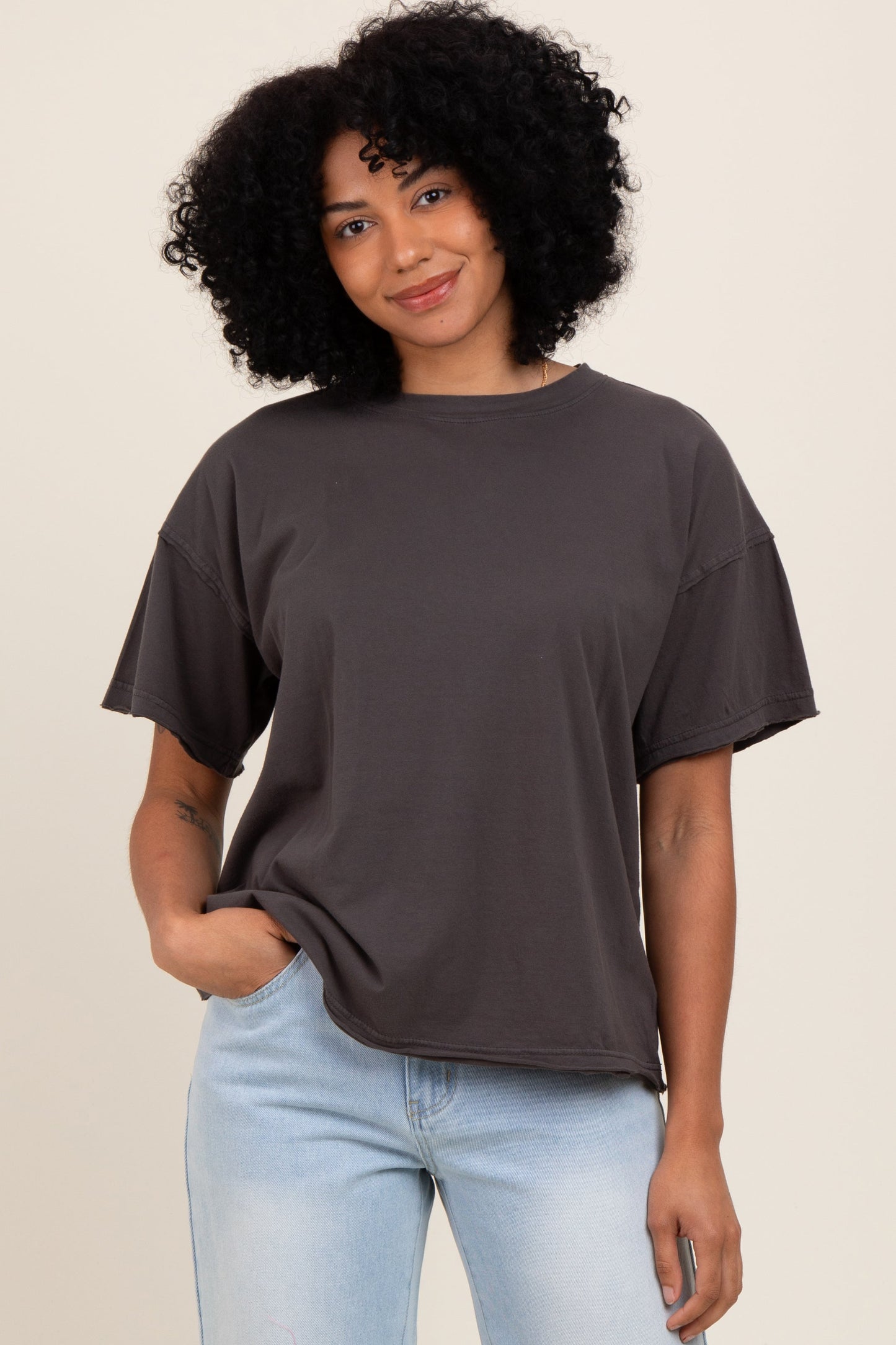 Black Boxy Raw Edge Short Sleeve Tee