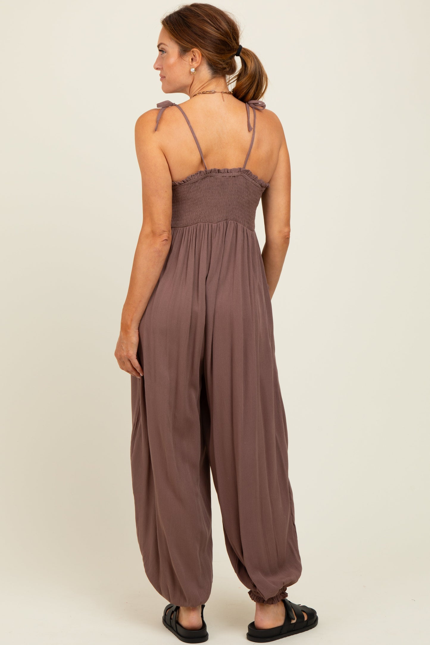 Mocha Smocked Button Front Shoulder Tie Jumpsuit