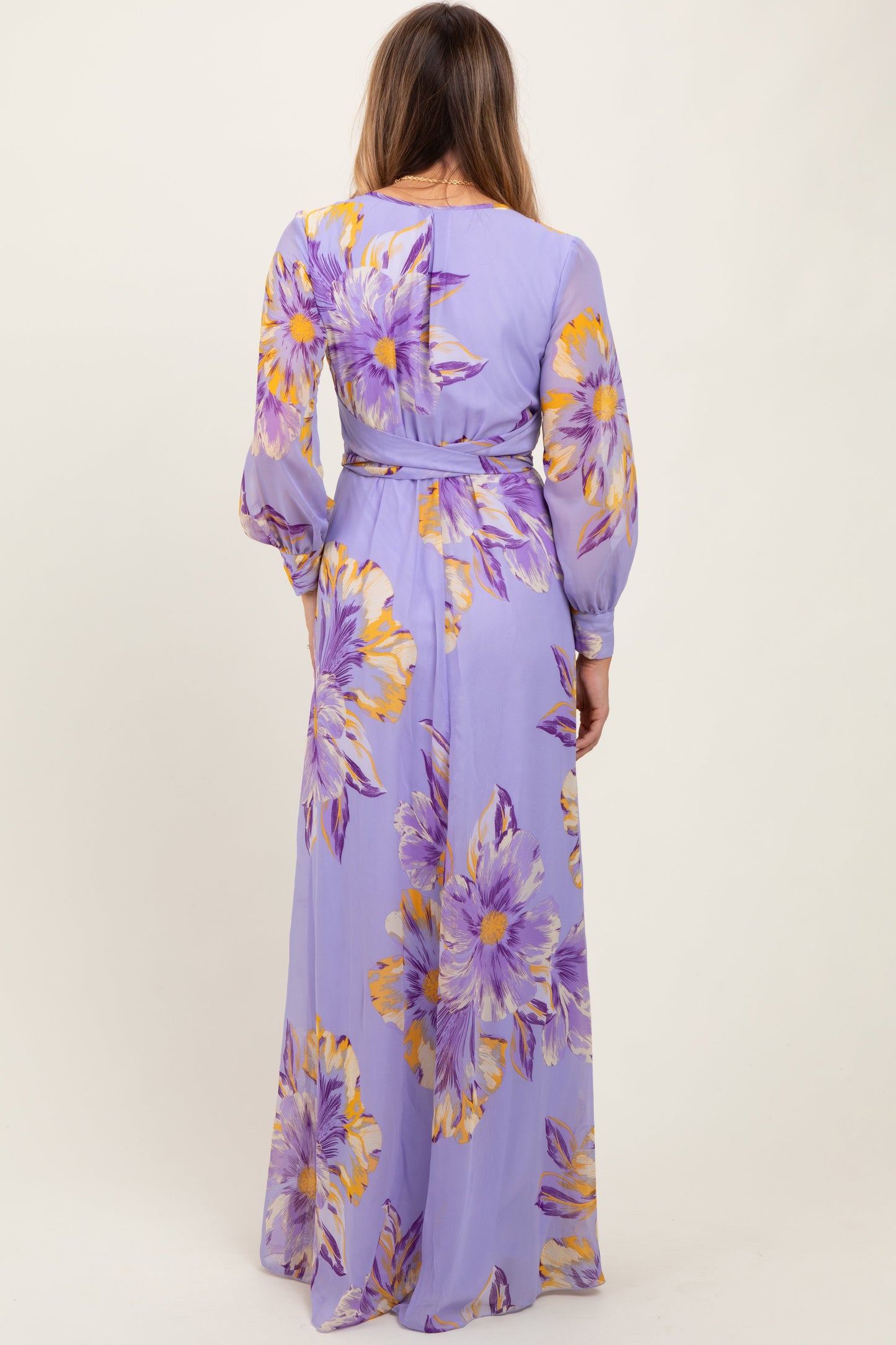 Lavender Floral Chiffon Sash Tie Wrap Maxi Dress