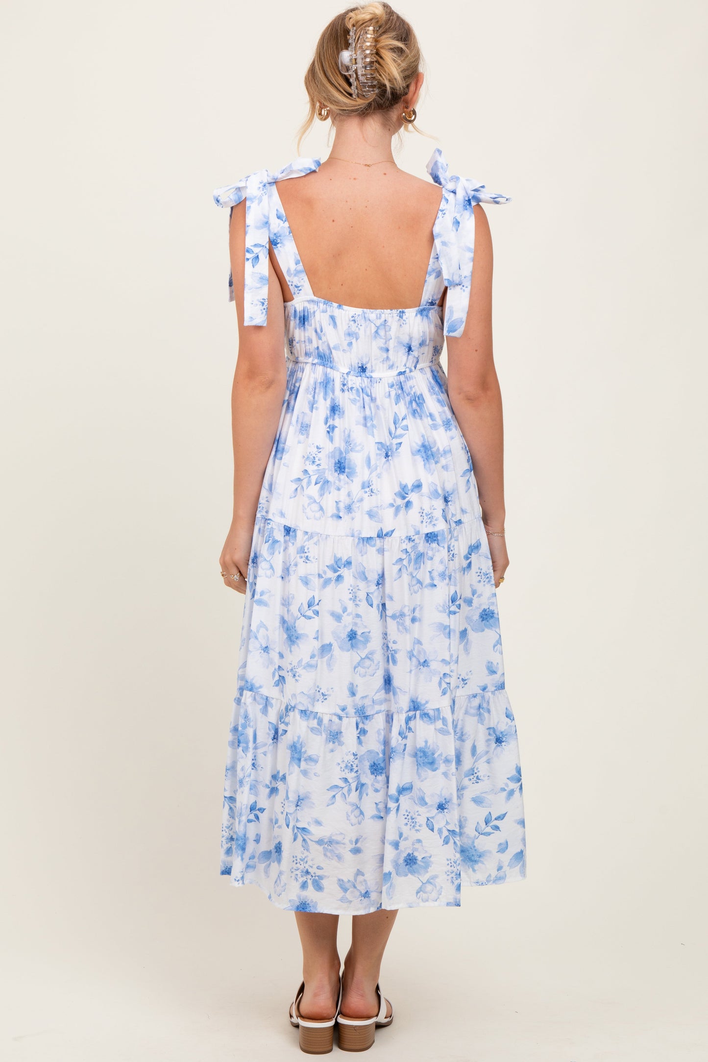 Blue Floral Shoulder Tie Tiered Midi Dress