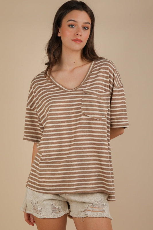 Mocha Striped Oversized V-Neck Front Pocket T-Shirt