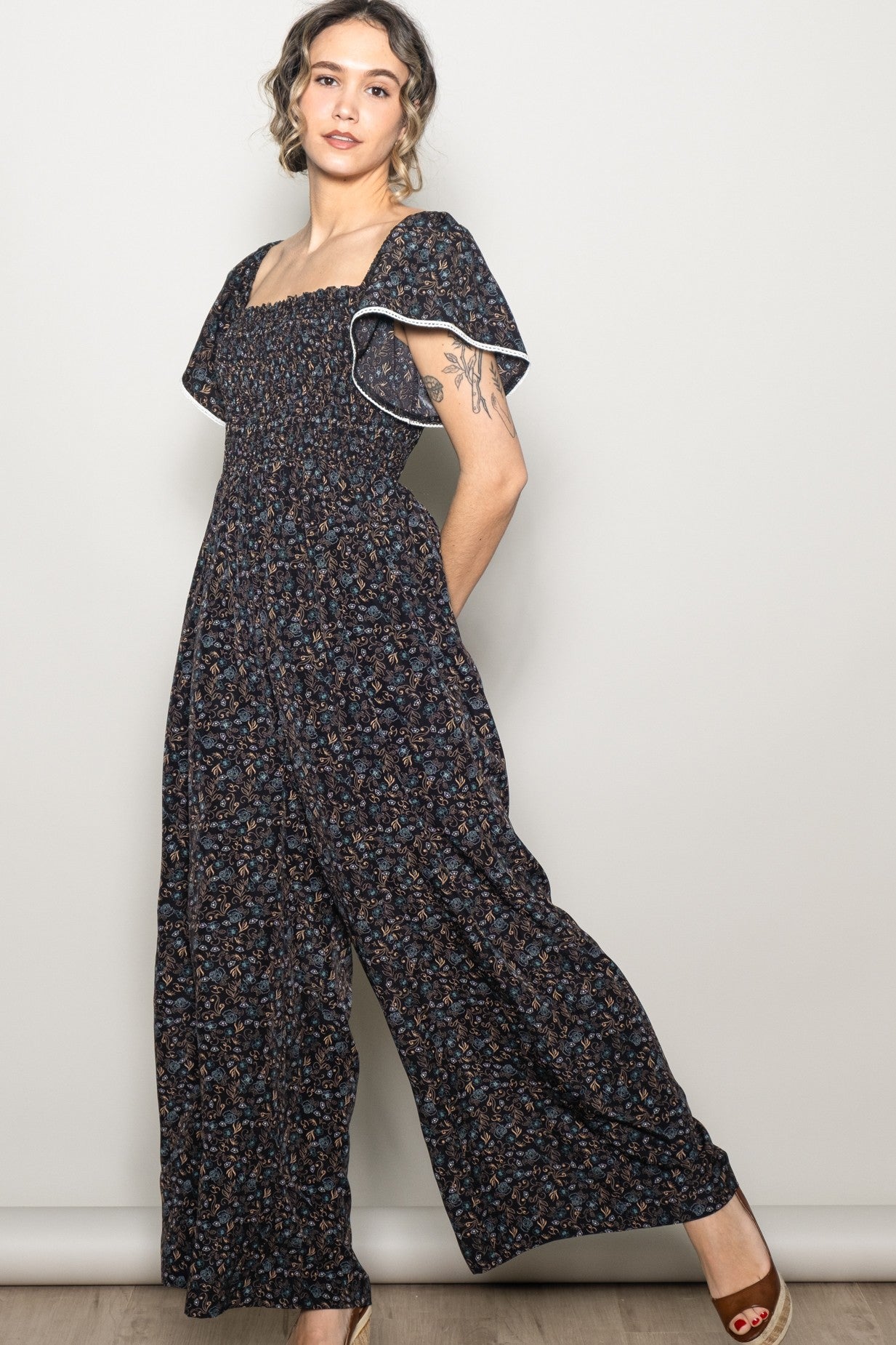 Black Floral Smocked Lace Trim Wide Leg Jumpsuit