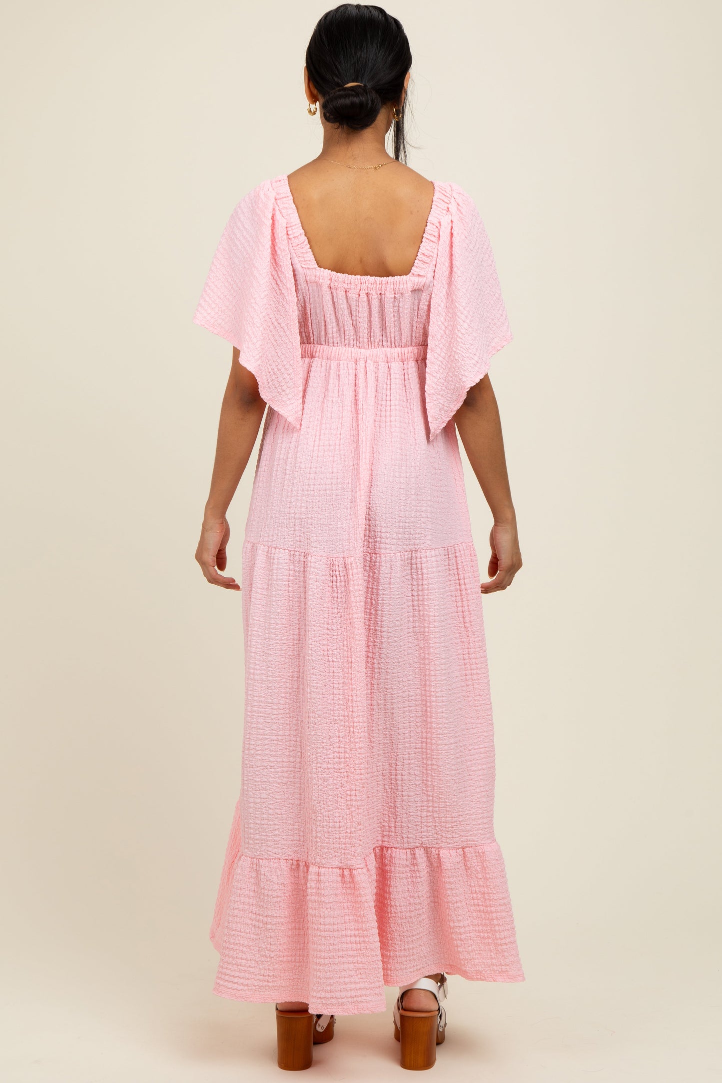 Light Pink Woven Textured Flutter Sleeve V-Neck Tiered Maxi Dress