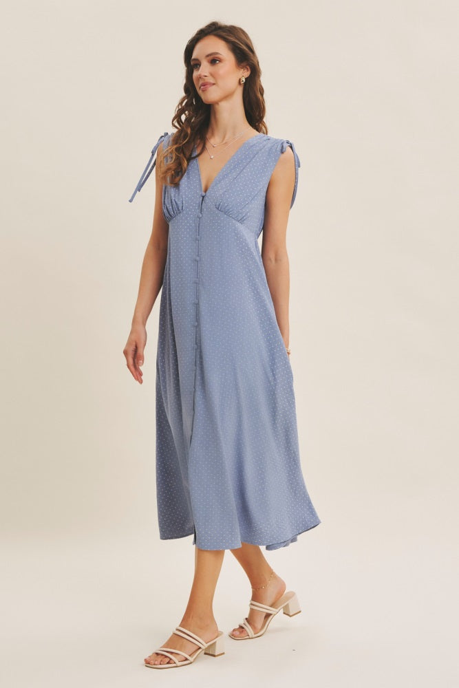 Blue Button-Down Polka Dot Shirred Bow Maternity Midi Dress