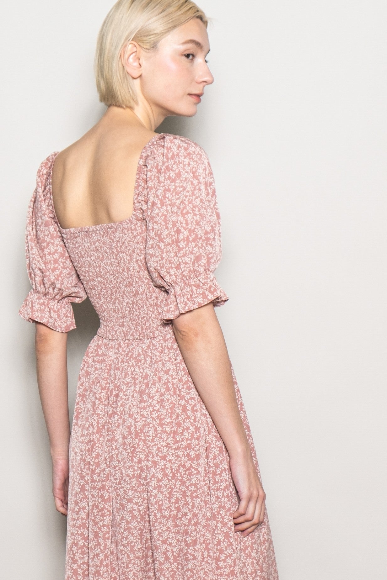 Mauve Floral Lace Trim Smocked Maxi Dress