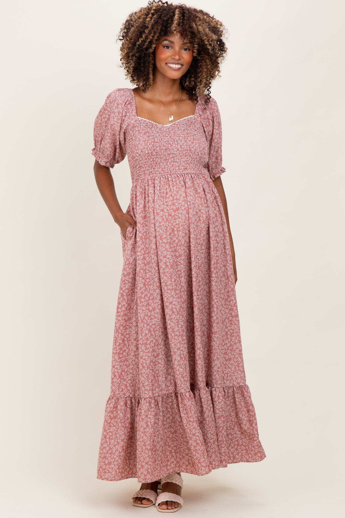 Mauve Floral Lace Trim Smocked Maternity Maxi Dress