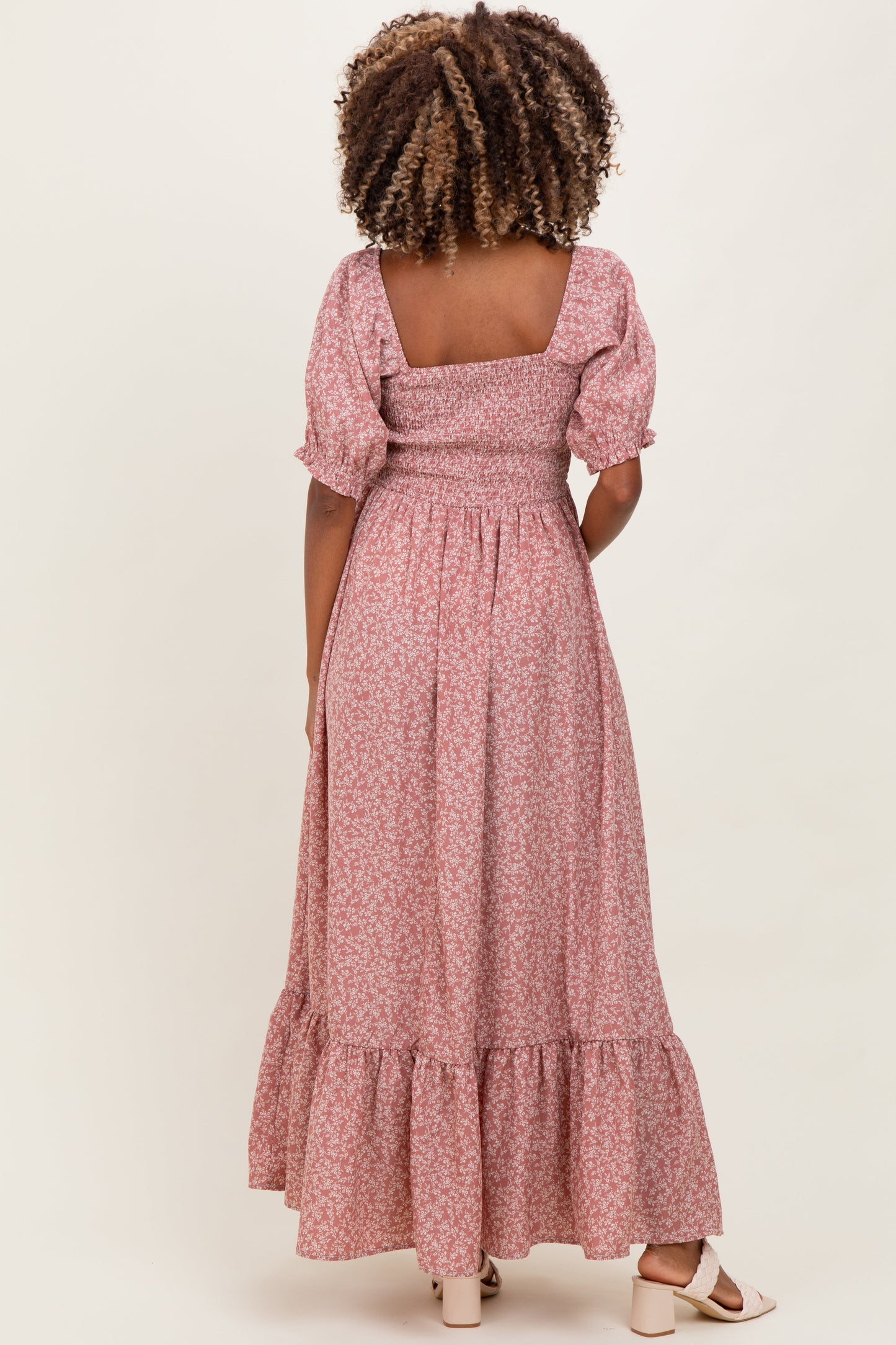 Mauve Floral Lace Trim Smocked Maternity Maxi Dress