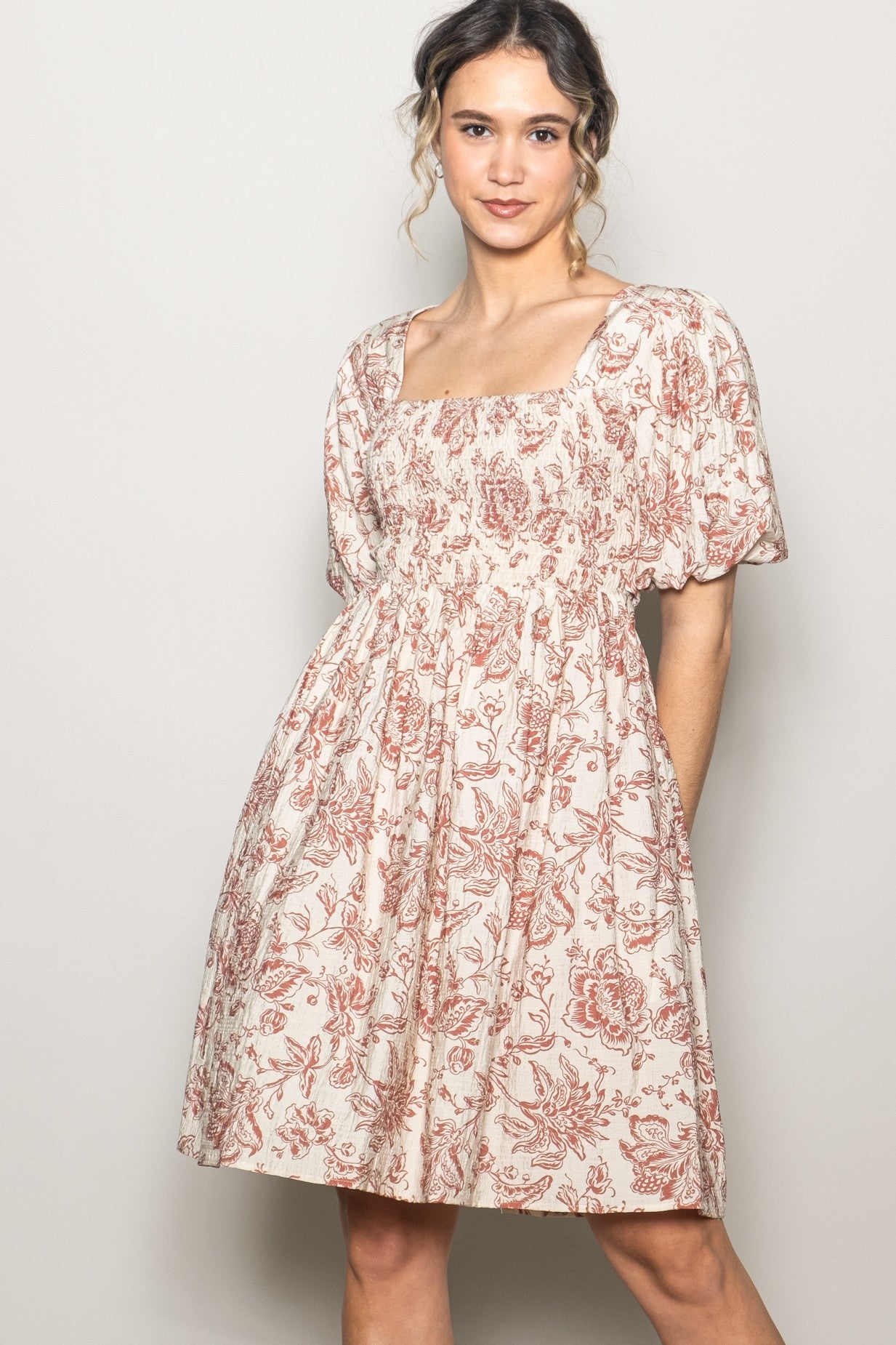 Rust Floral Smocked Puff Sleeve Dress