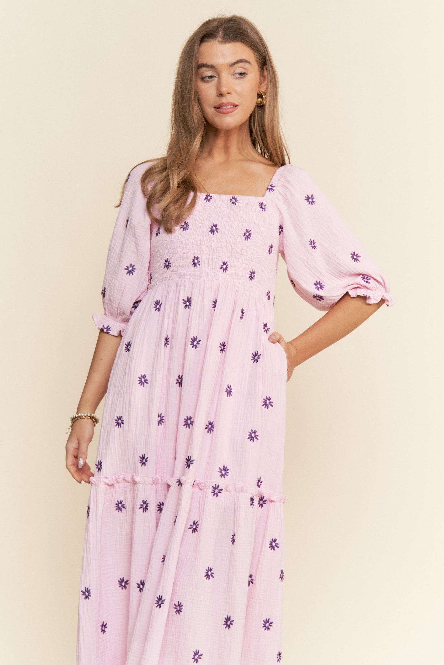 Lavender Floral Smocked Puff Sleeve Maxi Dress