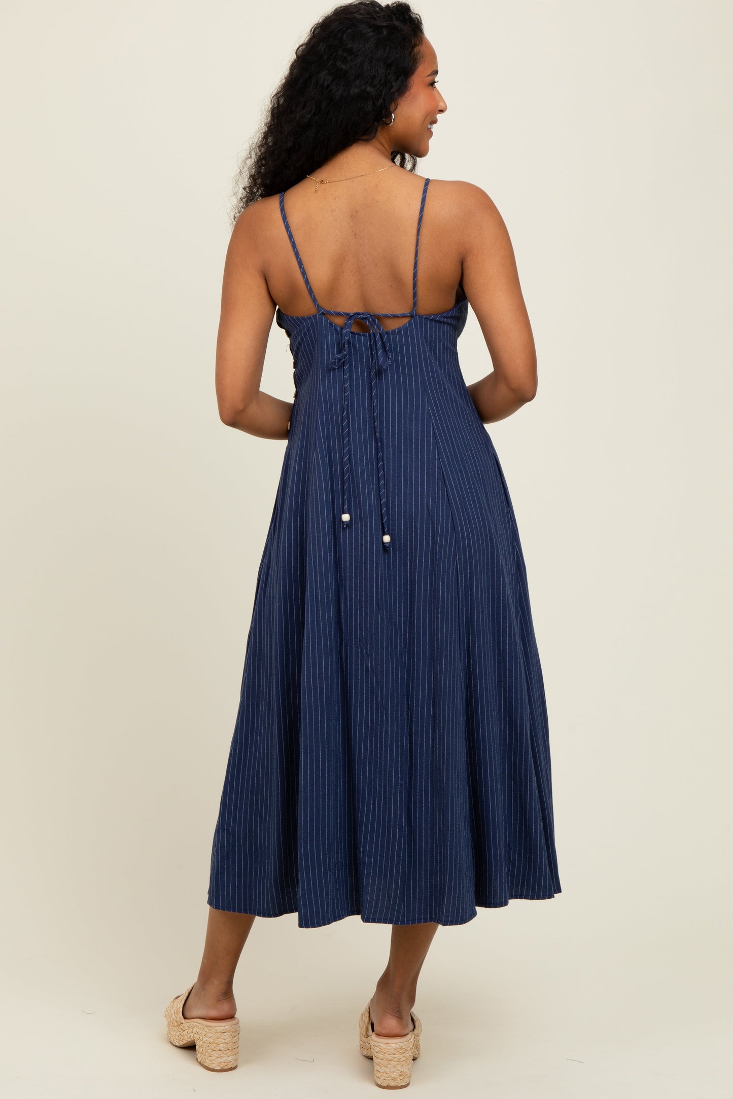 Navy/White Linen Striped Midi Dress