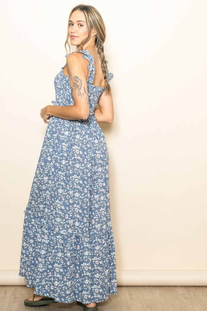 Blue Floral Smocked Ruffle Accent Maxi Dress