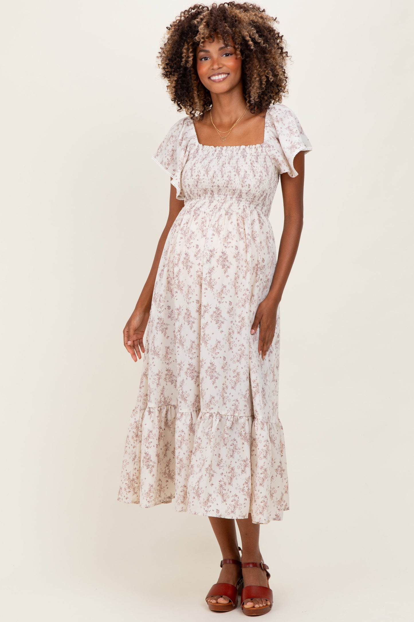 Cream Floral Smocked Lace Trim Flutter Sleeve Maternity Midi Dress