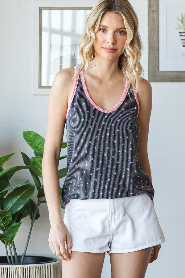 Charcoal Floral Ribbed Contrast Trim Tank Top