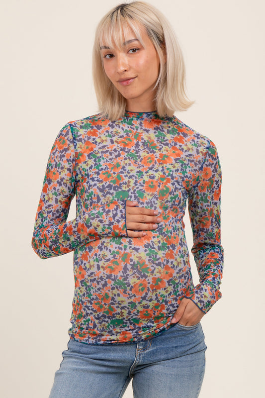 Blue Floral Mesh Long Sleeve Turtle Neck Maternity Top