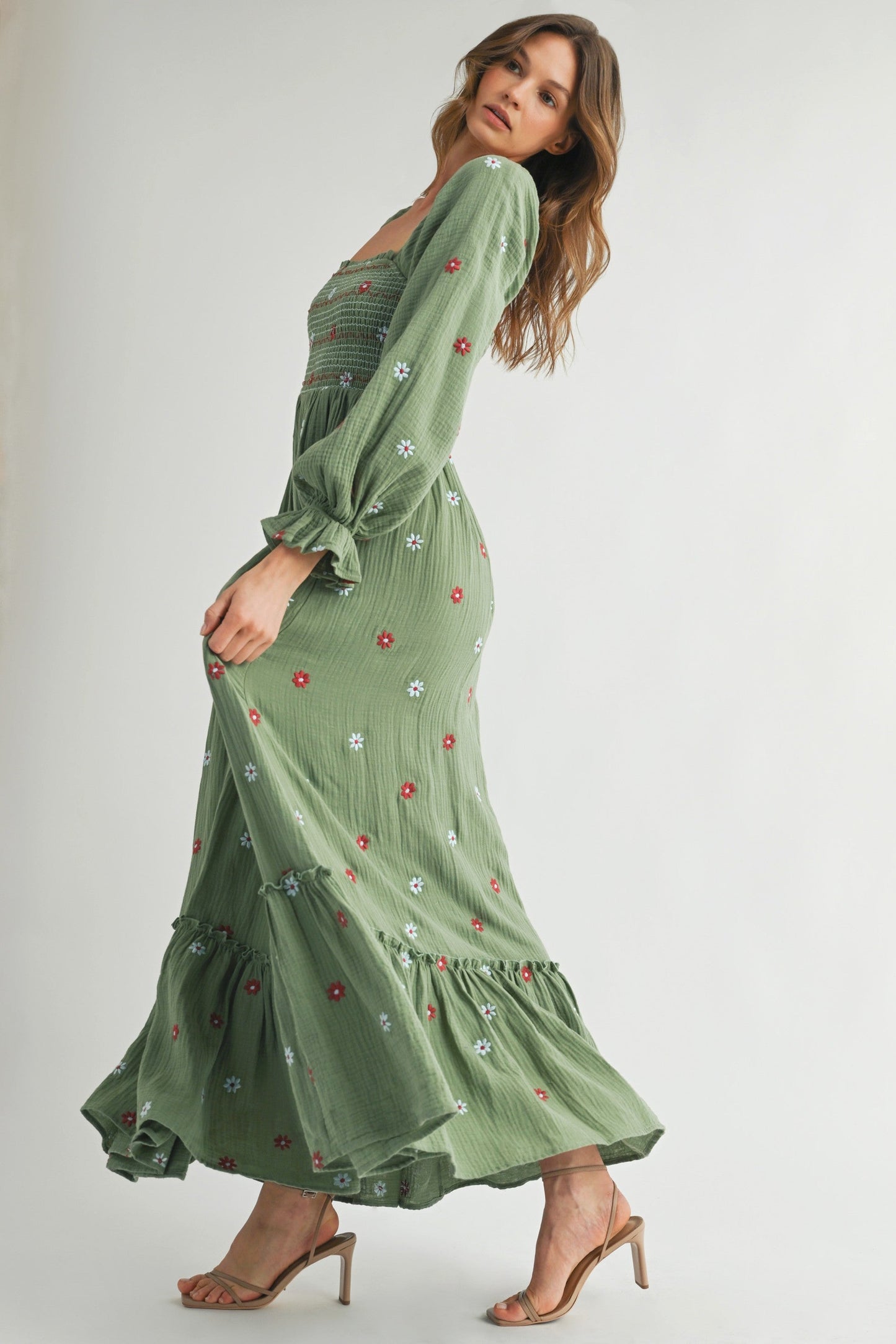 Olive Long Sleeve Floral Accent Dress