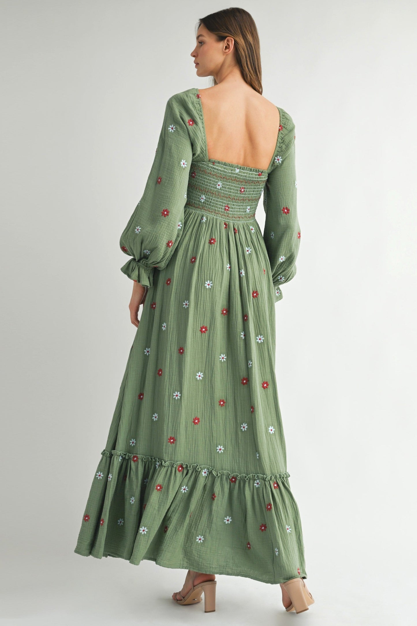 Olive Long Sleeve Floral Accent Dress