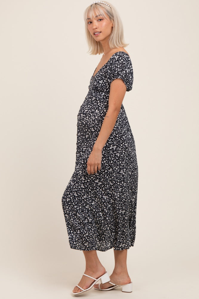 Black Floral V-Neck Button Down Maternity Midi Dress