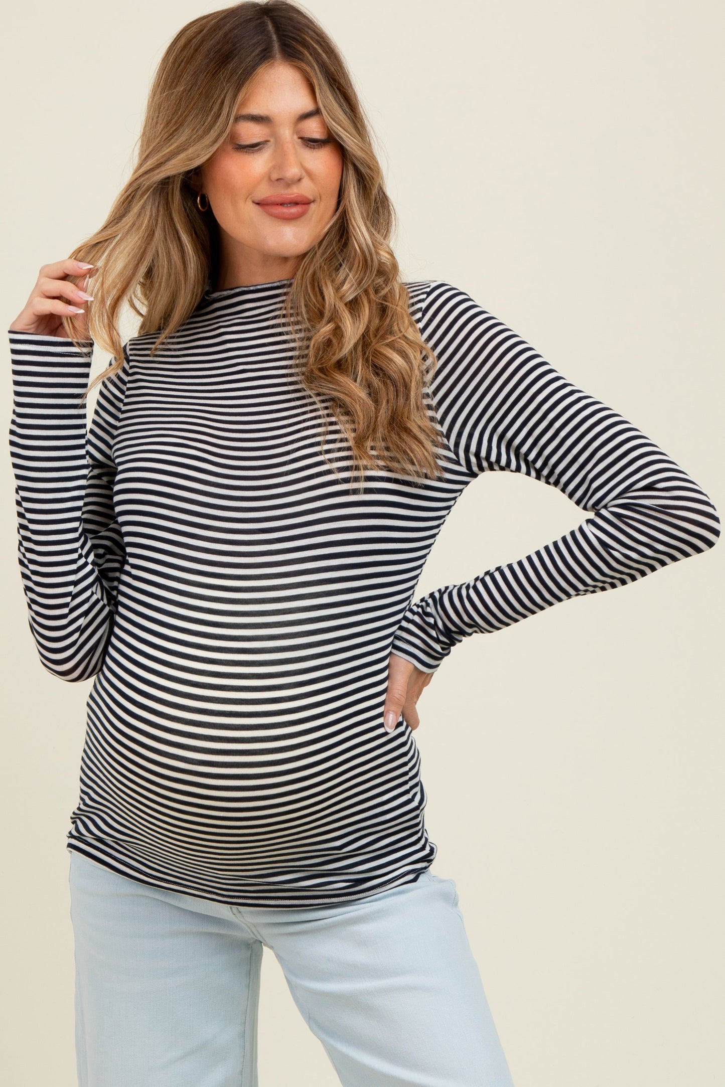 Navy Striped High Neck Maternity Long Sleeve Top