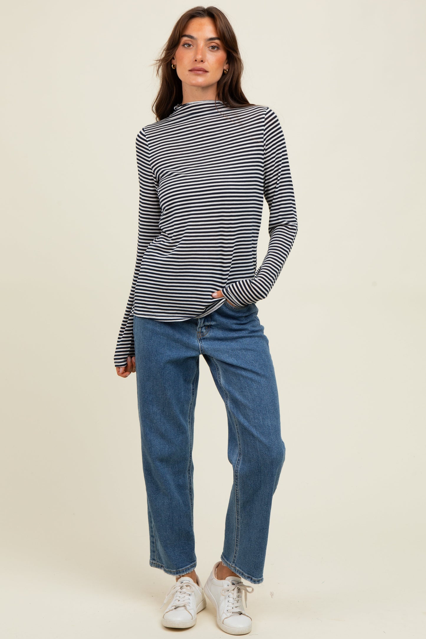 Navy Striped High Neck Long Sleeve Top
