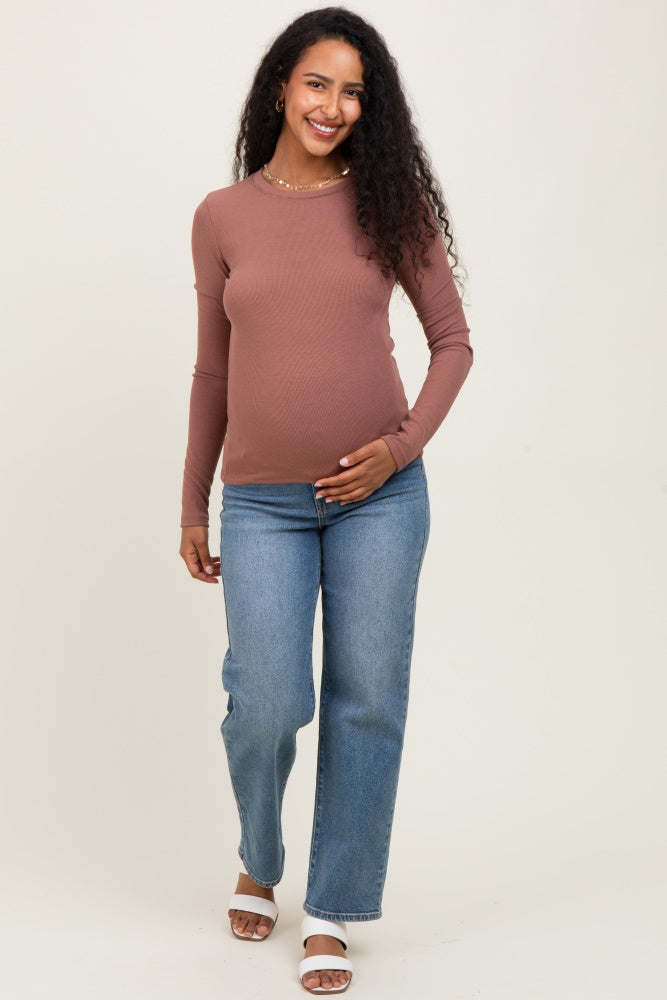 Burgundy Ribbed Maternity Long Sleeve Top