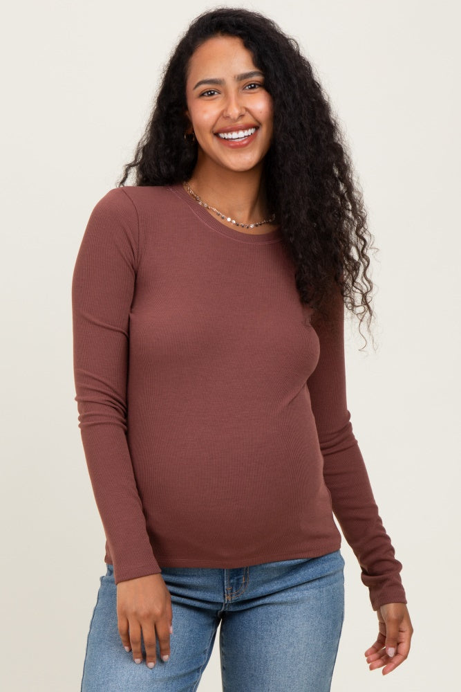 Brown Ribbed Maternity Long Sleeve Top