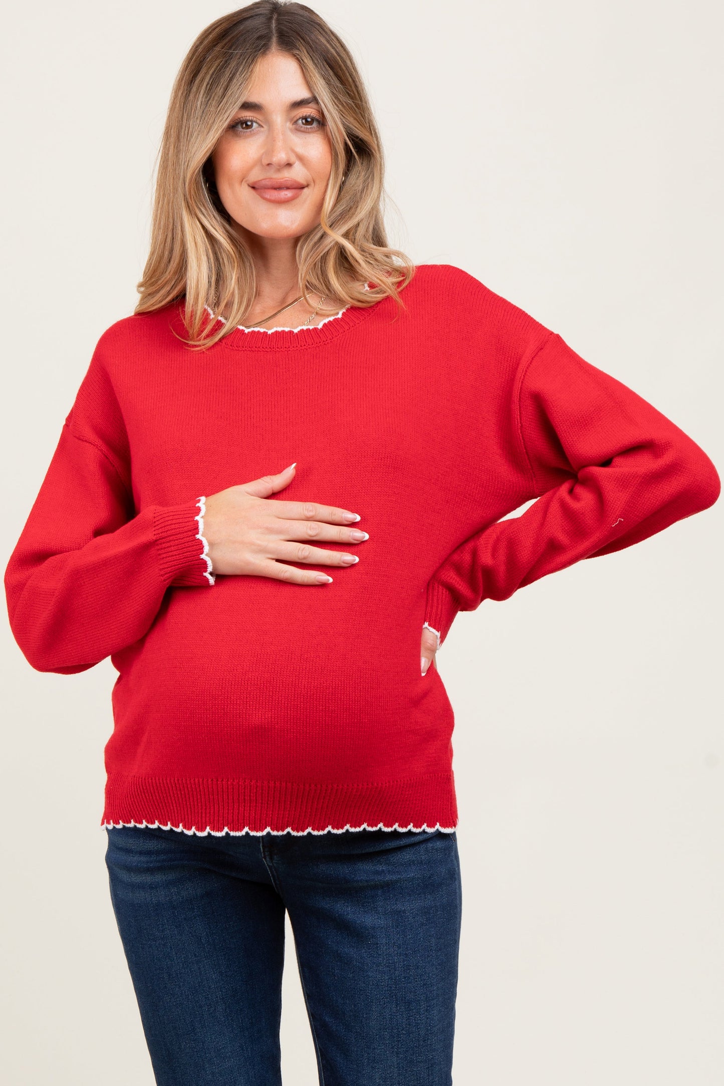 Red Contrast Scallop Trim Maternity Sweater
