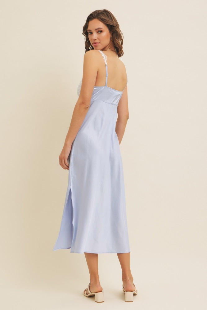 Light Blue Satin Lace Side Slit Slip Dress