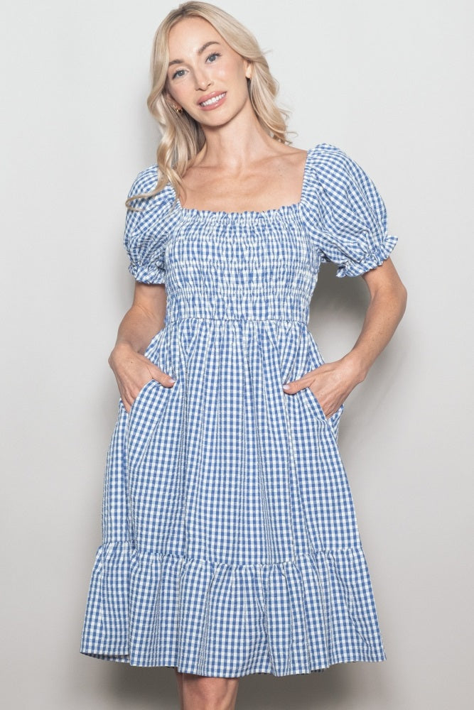 Blue Gingham Smocked Puff Sleeve Dress