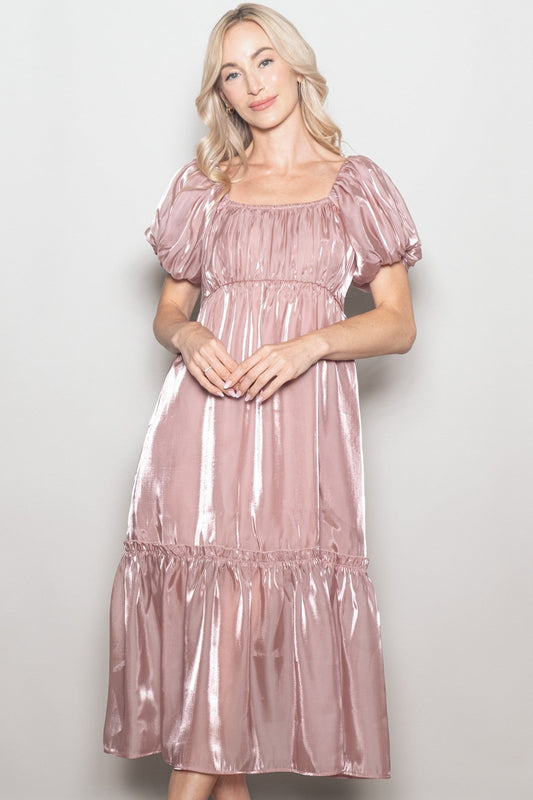 Pink Organza Puff Sleeve Midi Dress