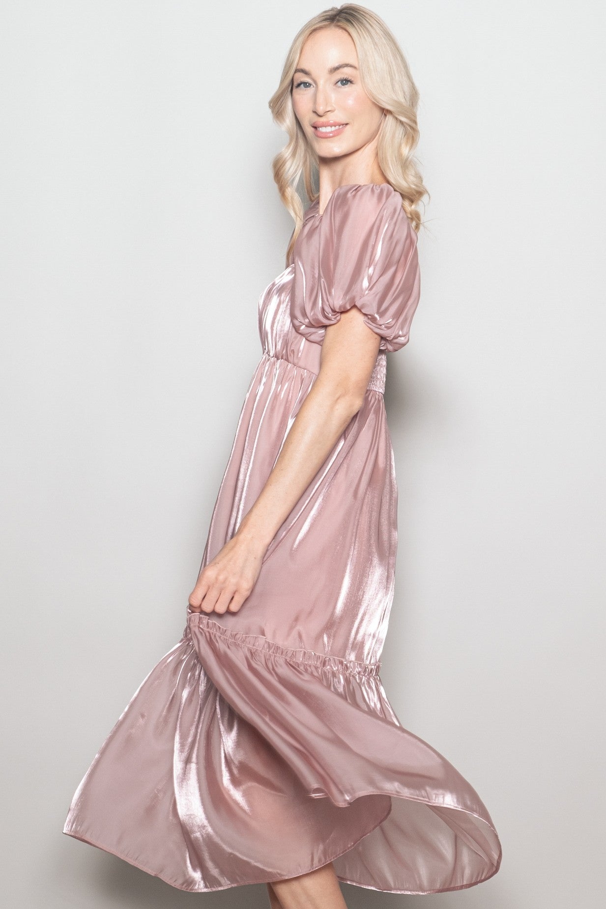 Pink Organza Puff Sleeve Midi Dress