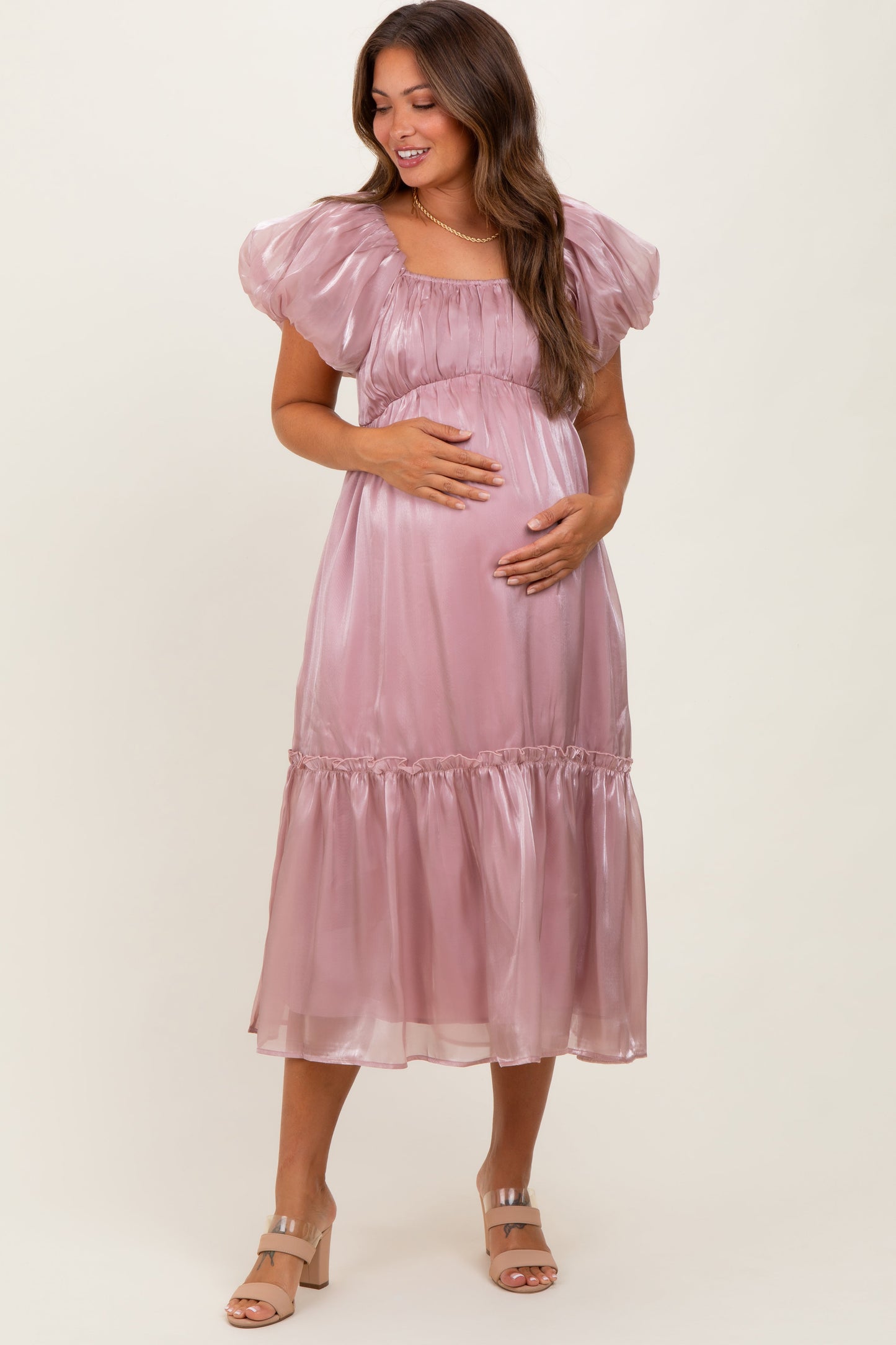 Pink Organza Puff Sleeve Maternity Midi Dress